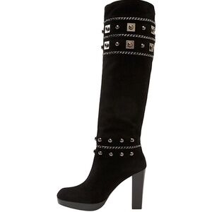 Stuart Weitzman “Stadium” Black Suede Tall Boots • Metal Stud & Chain Size 38